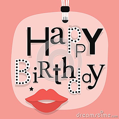 Abstract close up of hanging Happy Birthday message with woman lips on pink gift tag Vector Illustration