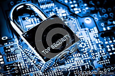 Abstract,close up of Lock on Mainboard Electronic computer background. best internet top security Stock Photo