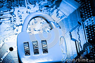 Abstract,close up of Lock on Mainboard Electronic computer background. best internet top security Stock Photo