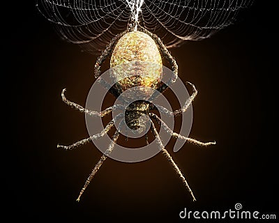 Abstract closeup of a huge spider dangling from its web . Stock Photo