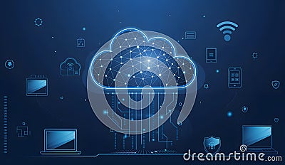 Abstract Cloud Computing Network Digital Technology Data Global Internet Secure Server Wireless Connection Modern Cartoon Illustration
