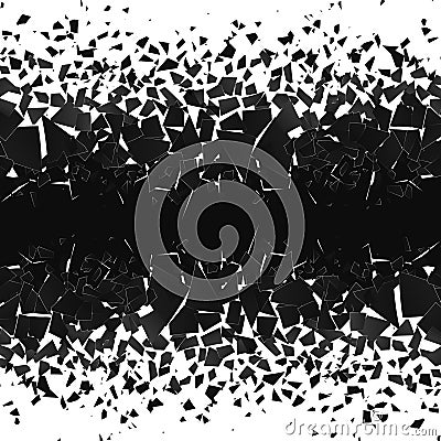 Abstract cloud of pieces and fragments after explosion. Demolition surface. Shatter and destruction halftone effect. Vector Stock Photo