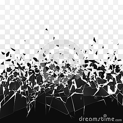 Abstract cloud of pieces and fragments after wall explosion. Shatter and destruction effect. Vector illustration on transparent Vector Illustration