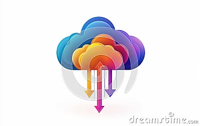 Abstract cluster of vibrant clouds with multicolored arrows, representing cloud computing, data sharing, and advanced technolog Cartoon Illustration