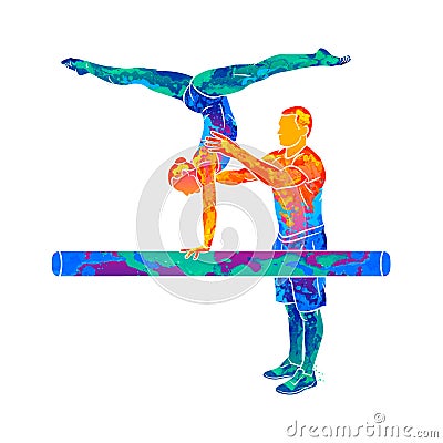 Abstract coach training young gymnast to balance on gymnastics beam Vector Illustration