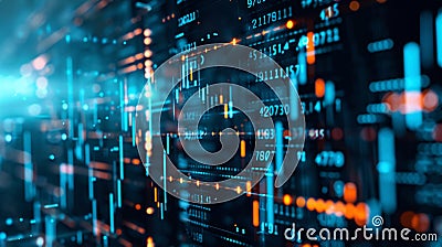 Abstract coding design integrating stock market dynamics with FinTech in sleek silver and blue tones. Modern coding and stock Stock Photo