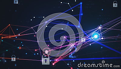 Abstract coding interface with glowing digital lines on dark background with padlock. Information, network and security concept. Stock Photo