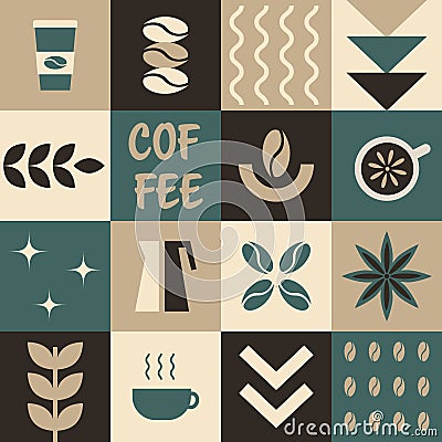 Abstract Coffee Pattern. Seamless Geometric Print with Simple Elements. Mosaic. Trendy Flat Style Background. Sample can be used Vector Illustration