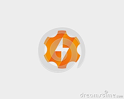 Abstract cog wheel with flash logo design template. Geometric gear fast quick thunderbolt logotype. Vector Illustration