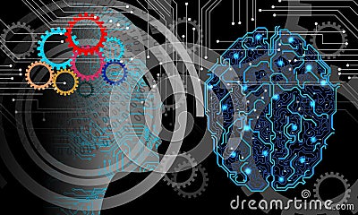 Abstract cogs electric circuit digital brain, binary technology concept. Vector Illustration