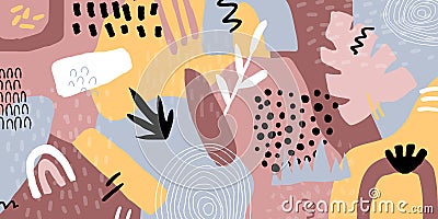 Abstract collage horizontal background in trendy style with botanical and geometric elements, textures. Vector Illustration