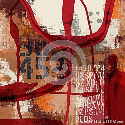 Abstract collage with typo elements and distressed forms, with red and brown accents Stock Photo