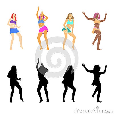 Abstract color disco girls and dancing ladies black silhouettes for flyers, card, posters design Vector Illustration