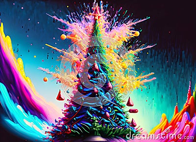 Abstract exploding photon Christmas tree acrylic paint on digital art, Generative AI Stock Photo
