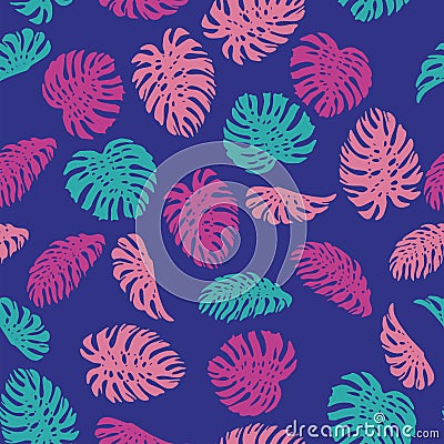 Abstract color monstera seamless pattern blue background Vector Illustration
