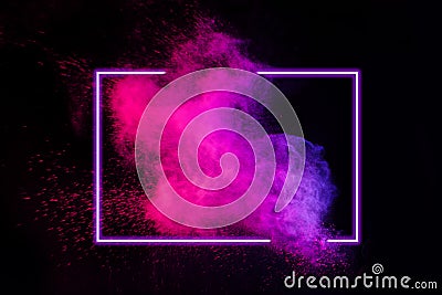 Abstract color splash with neon frame for wallpaper design. Colorful dust explode. Paint splash on white background Stock Photo