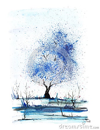 Abstract color-tree with a magnificent blue crown. Hand-drawn watercolor illustration Cartoon Illustration