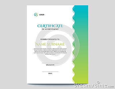 Abstract Colored Blue and Green Waves Vertical Certificate Design Vector Illustration