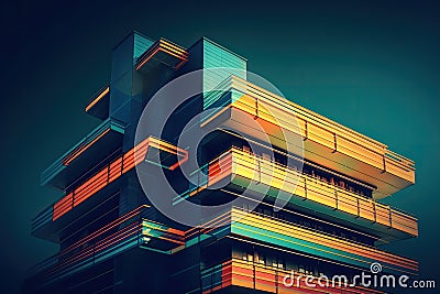 Abstract colored building with blue, orange and yellow stripes. Generative AI Stock Photo