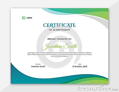 Abstract Colored Green and Blue Waves Certificate Design Vector Illustration