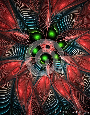 Abstract colored illustration of fractal flower, 3D shapes details, green spheres, abstract petals Cartoon Illustration