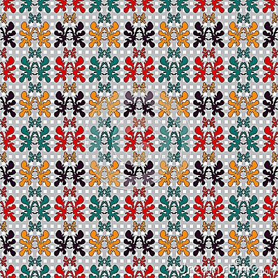 Abstract colored objects on a geometric background in retro style Seamless vector wallpaper pattern Vector Illustration