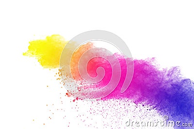 Abstract of colored powder explosion on white background. Multicolor powder splatted isolate. Colorful cloud. Colorful dust explod Stock Photo