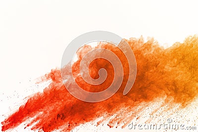 Abstract of colored powder explosion on white background. Orange powder splatted isolate. Colorful cloud. Colored dust e Stock Photo