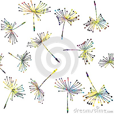 Abstract colored seeds of dandelion flying seamless pattern Vector Illustration