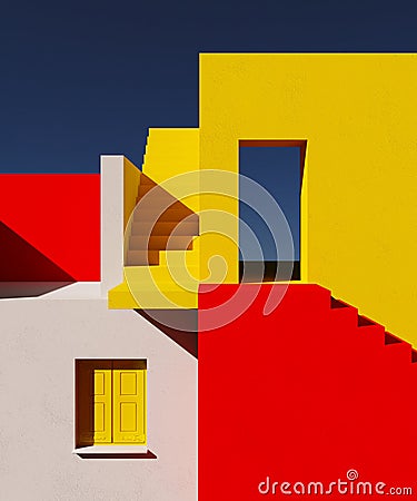 Abstract colorful architectural composition of the building. Background of blue sky. 3d illustration. Cartoon Illustration