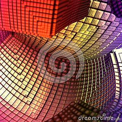 Abstract colorful areas with qaudrates in texture, 3d fractal graphic, part of a huge fractal, calculated with Mandelbulb 3D Stock Photo