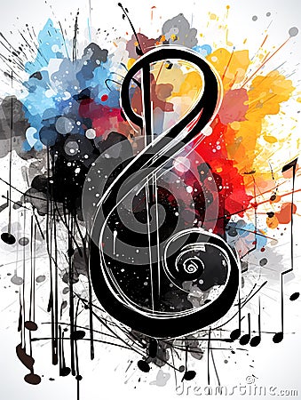 Abstract colorful background with musical clef and splashes of paint. Stock Photo