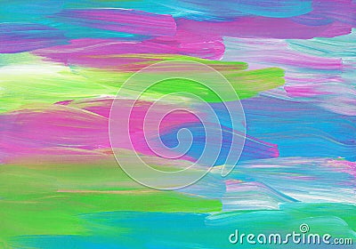 Abstract colorful background painting. Green, blue, pink.purple, white brush strokes on paper texture Stock Photo