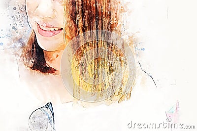 Asia woman face smile on walking street in the capital city on holiday weekend on watercolor illustration painting b Cartoon Illustration