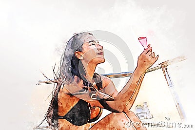 Asia woman sexy and smile portrait on beach and soft sunrise on face on watercolor illustration painting background. Cartoon Illustration