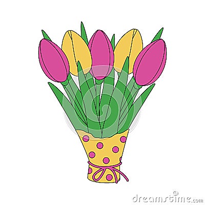 Abstract colorful bouquet of tulips in wrapping paper in trendy shade of pink and yellow. Isolate Vector Illustration