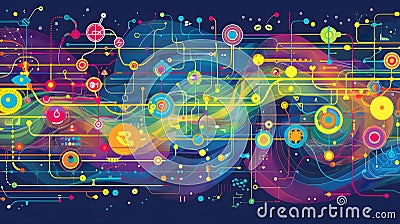 Abstract Colorful Circuitry Network, Nodes, Lines, and Connections Intertwine Dynamically, Forming a Vibrant, Comp Stock Photo