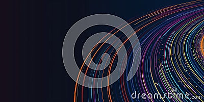 Abstract colorful circular lines on dark blue background create dynamic futuristic tech design. Concentric circles burst Stock Photo