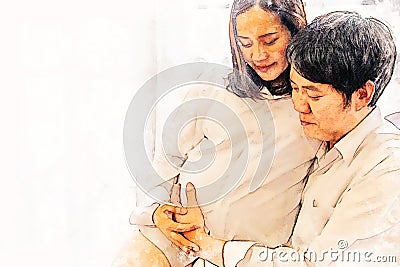 Close-up pregnant woman with husband in home on watercolor illustration painting background. Cartoon Illustration