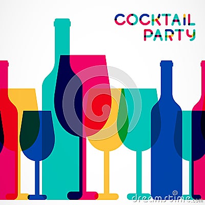 Abstract colorful cocktail glass and wine bottle seamless background. Concept for bar menu, party, alcohol drinks, celebration ho Vector Illustration