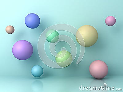 Abstract colorful 3d flying spheres on cyan background with reflection Stock Photo