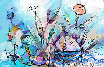 Abstract colorful fantasy oil painting. Semi- abstract of chidren, tree, fish and bird. Stock Photo