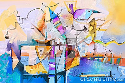 Abstract colorful fantasy oil painting. Semi abstract of tree, flower and fish in landscape. Stock Photo