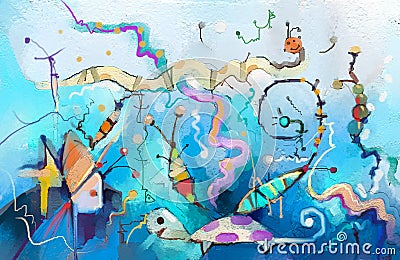 Abstract colorful fantasy underwater oil painting. Stock Photo
