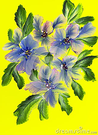 Abstract colorful flowers on a bright background. Painting with paints, impressionistic style, flower painting, acrylic, gouache. Cartoon Illustration