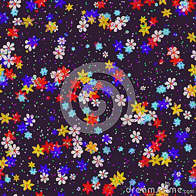 Abstract colorful flowers on dark background with many little tiny textile flowers Stock Photo