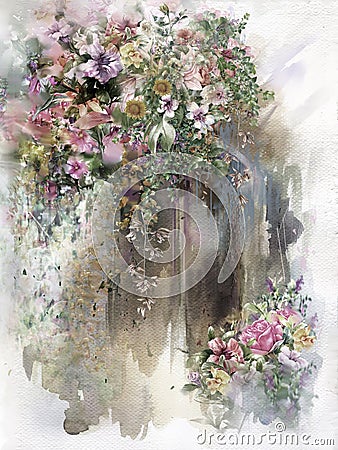 Abstract colorful flowers watercolor painting. Spring multicolored in nature. Stock Photo