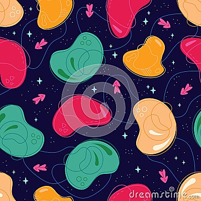 Abstract colorful forms seamless pattern on dark blue background. Vector illustration Vector Illustration
