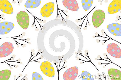 Abstract colorful frame border of bright Easter eggs and spring twigs. Copy space. Easter greetings Vector Illustration