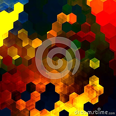 Abstract colorful hexagons illustration. Yellow red blue green orange colors. Cool messy clutter. Cells render. Wallpaper art. Cartoon Illustration